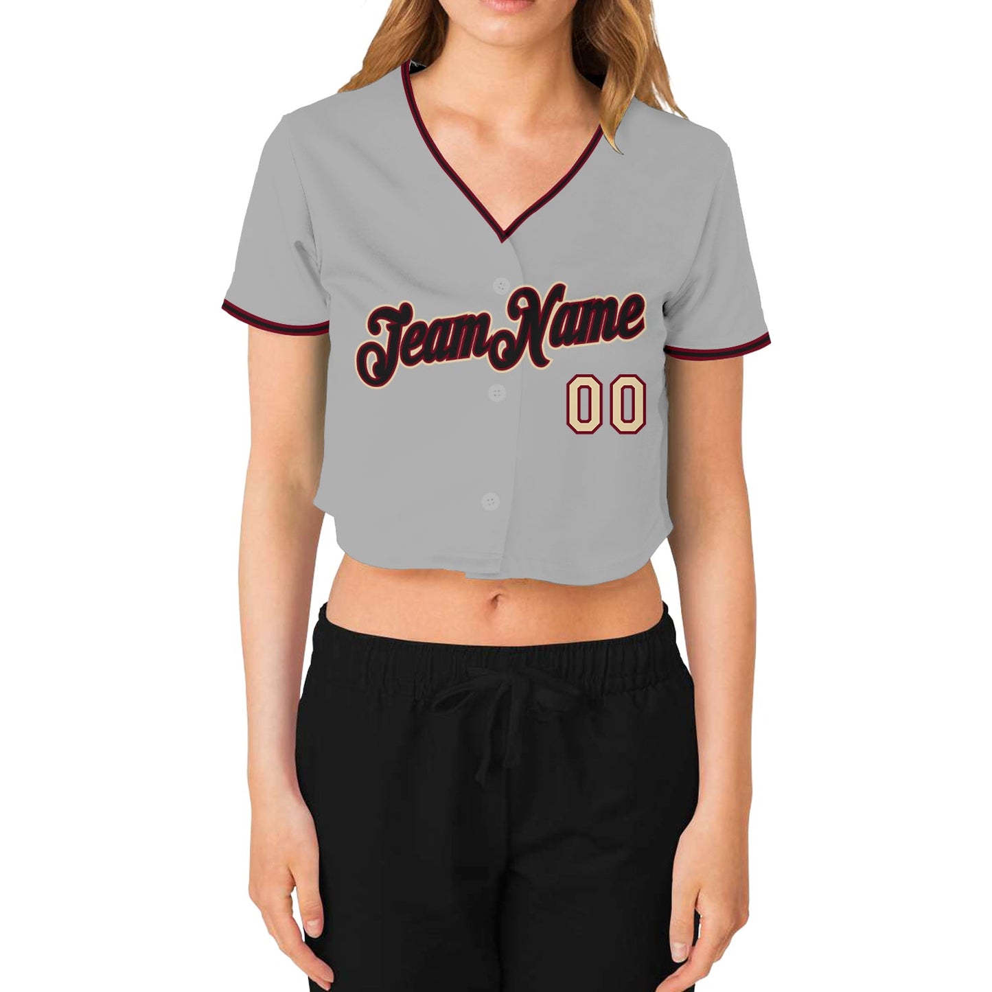 Custom Women's Gray Black Crimson-Cream V-Neck Cropped Baseball Jersey view 2