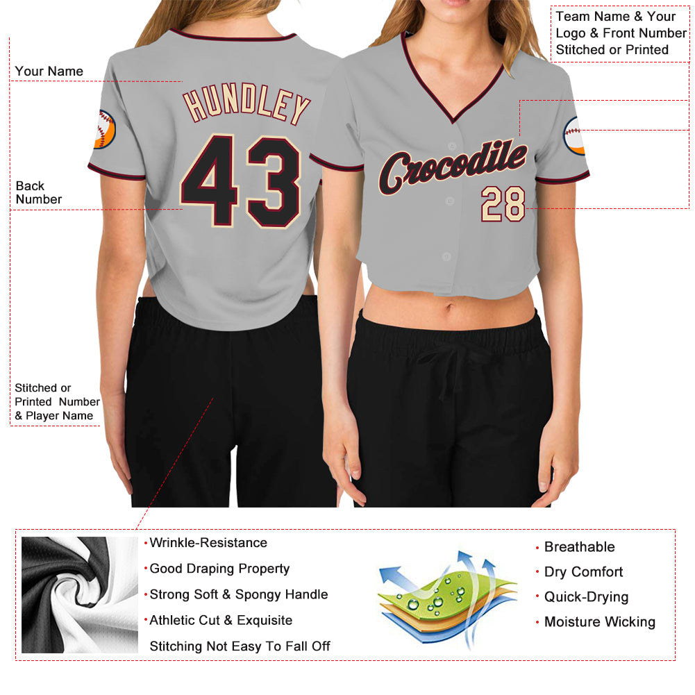 Custom Women's Gray Black Crimson-Cream V-Neck Cropped Baseball Jersey view 3
