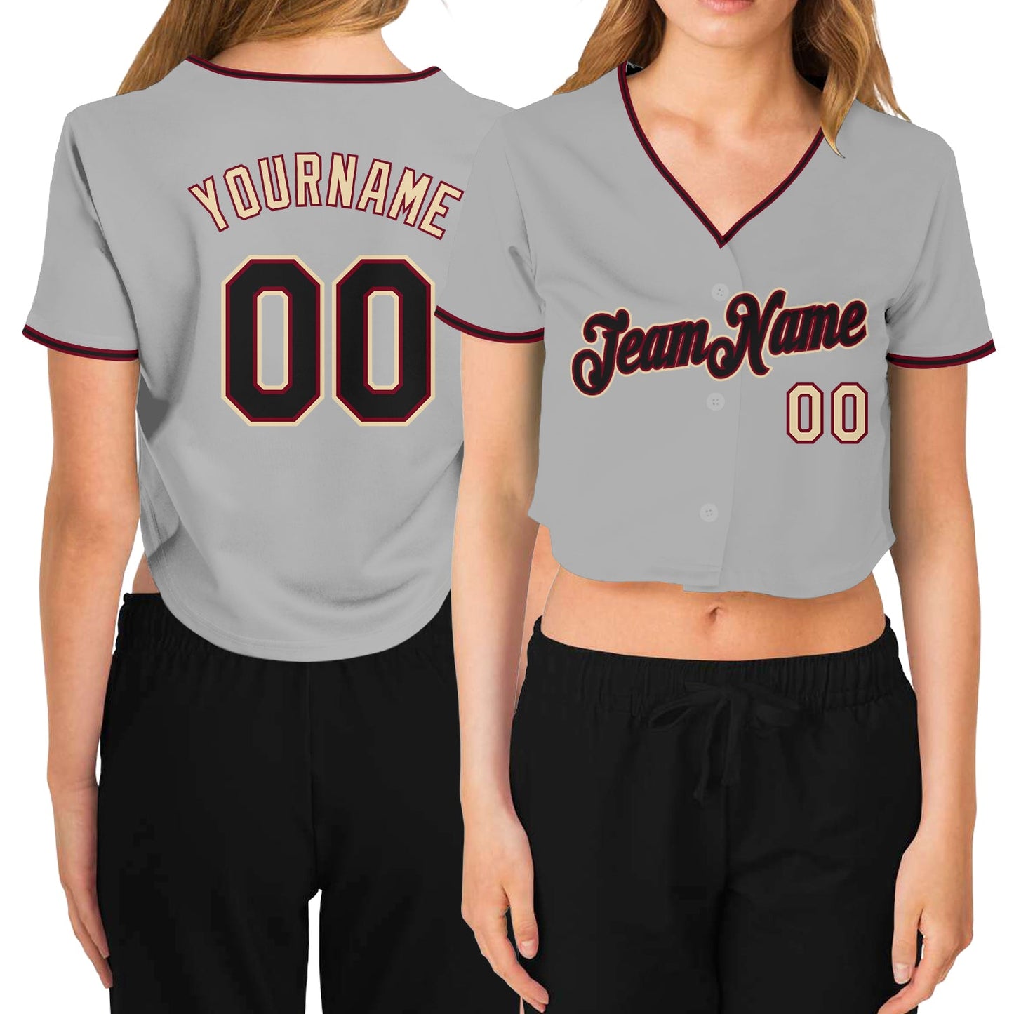Custom Women's Gray Black Crimson-Cream V-Neck Cropped Baseball Jersey - Main View