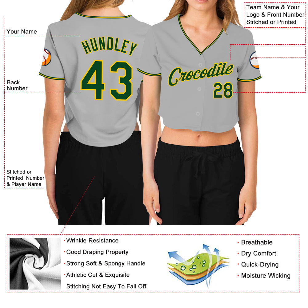 Custom Women's Gray Green-Gold V-Neck Cropped Baseball Jersey view 3