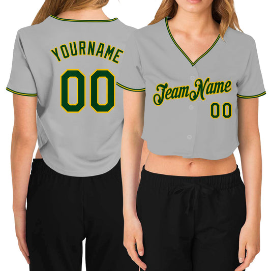 Custom Women's Gray Green-Gold V-Neck Cropped Baseball Jersey - Main View