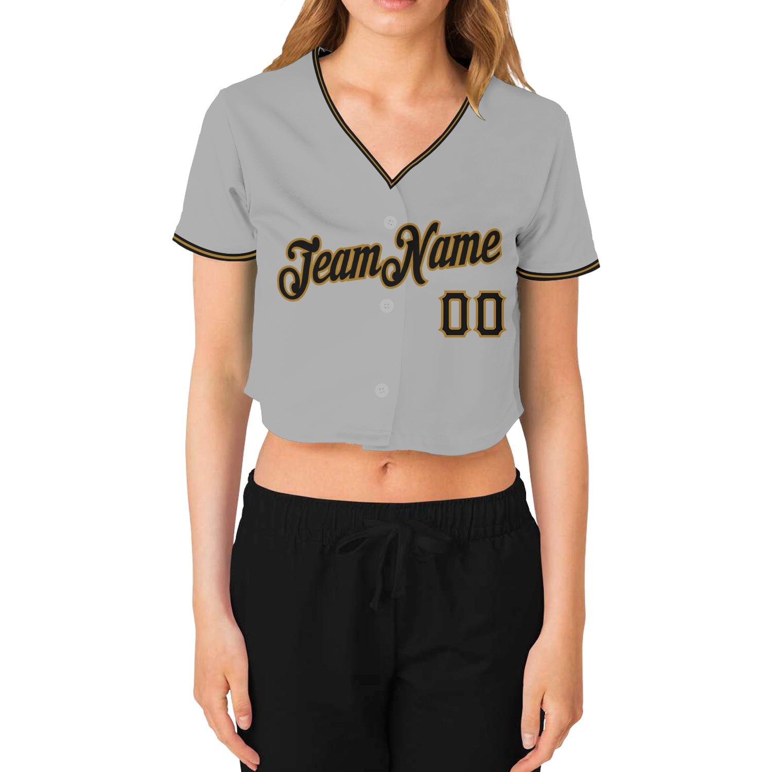 Custom Women's Gray Black-Old Gold V-Neck Cropped Baseball Jersey view 2