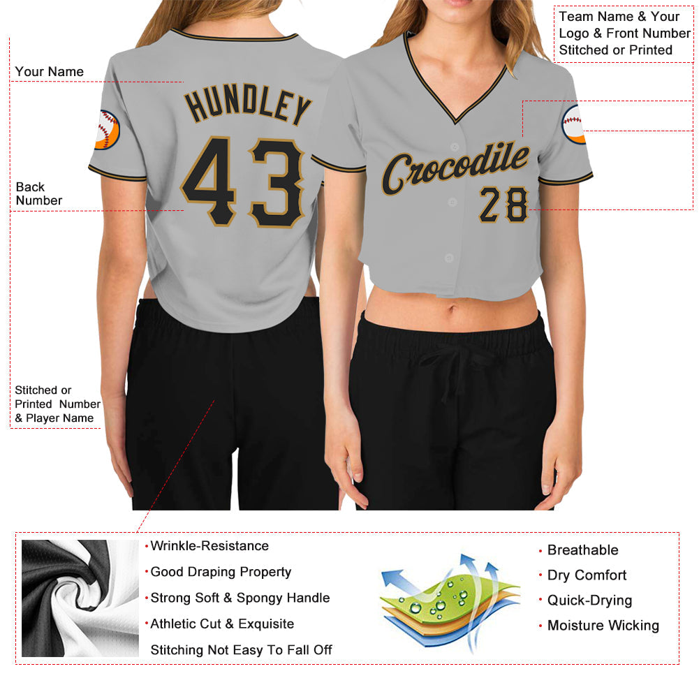 Custom Women's Gray Black-Old Gold V-Neck Cropped Baseball Jersey view 3