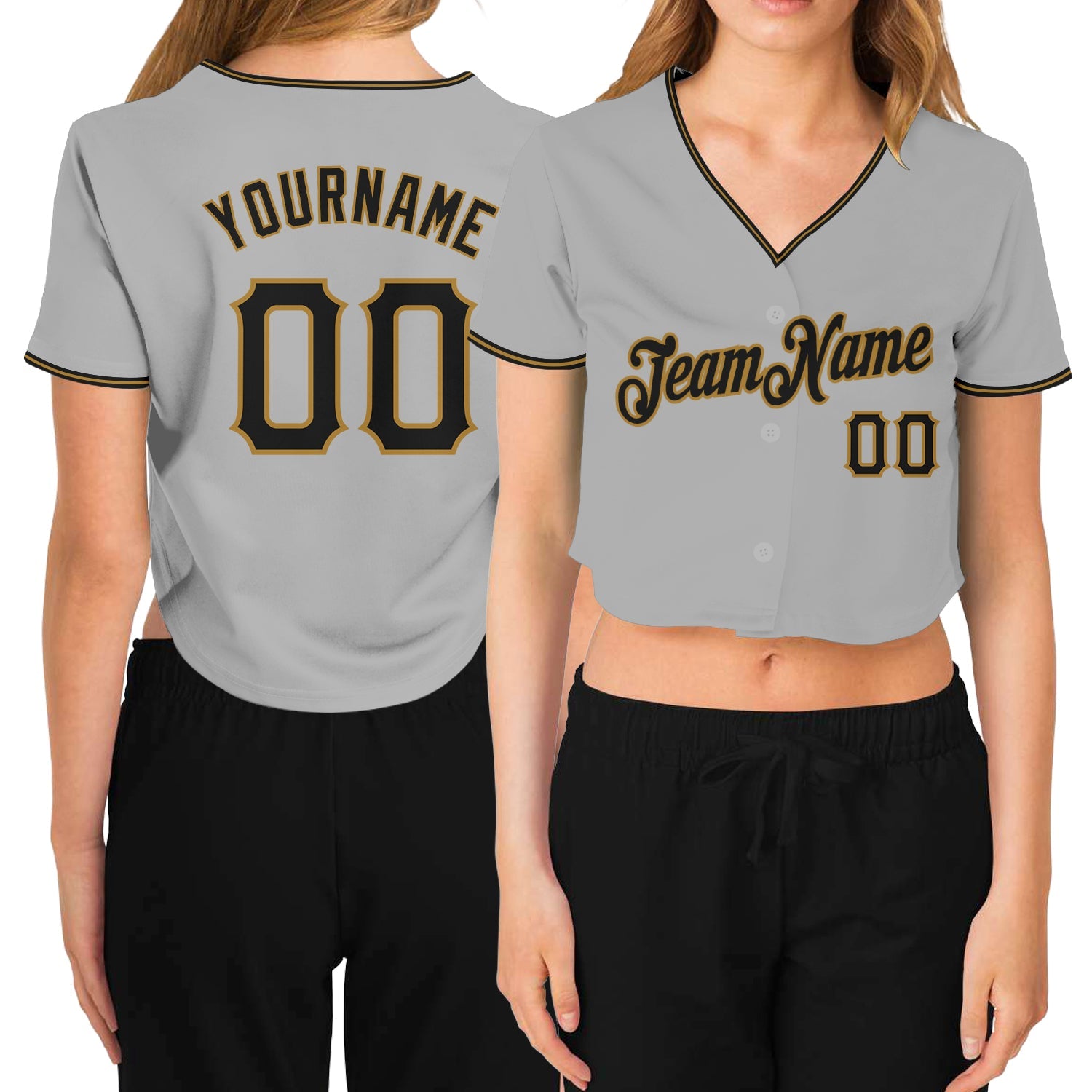 Custom Women's Gray Black-Old Gold V-Neck Cropped Baseball Jersey - Main View