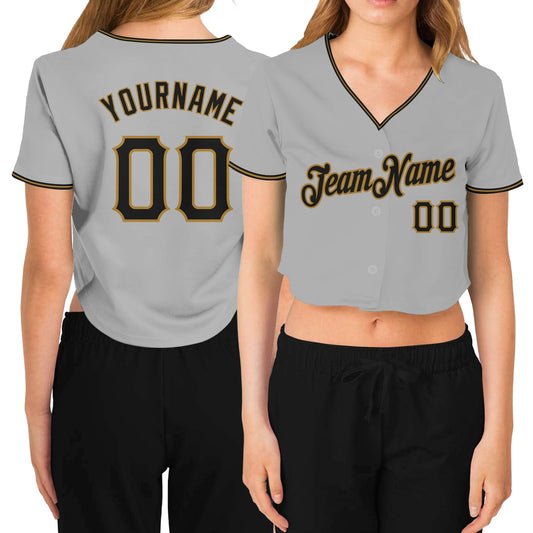 Custom Women's Gray Black-Old Gold V-Neck Cropped Baseball Jersey - Main View