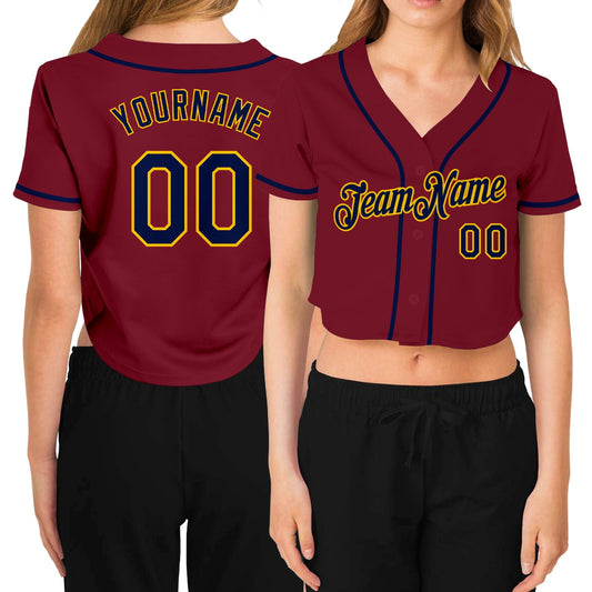 Custom Women's Crimson Navy-Gold V-Neck Cropped Baseball Jersey - Main View