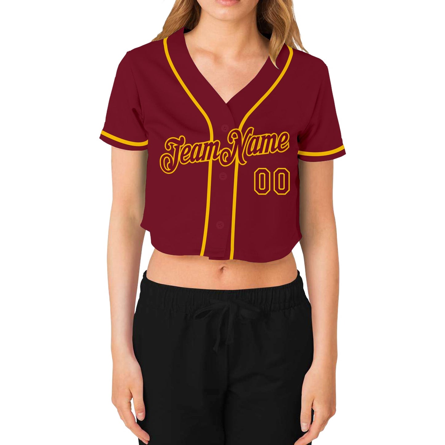 Custom Women's Crimson Crimson-Gold V-Neck Cropped Baseball Jersey view 2