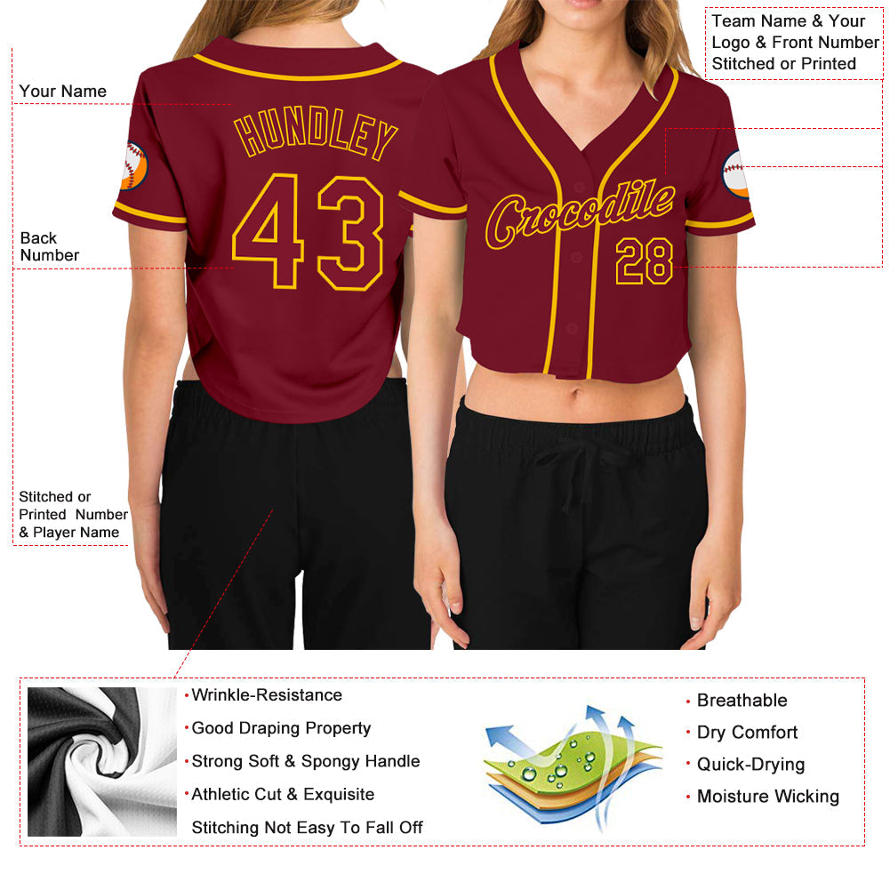 Custom Women's Crimson Crimson-Gold V-Neck Cropped Baseball Jersey view 3