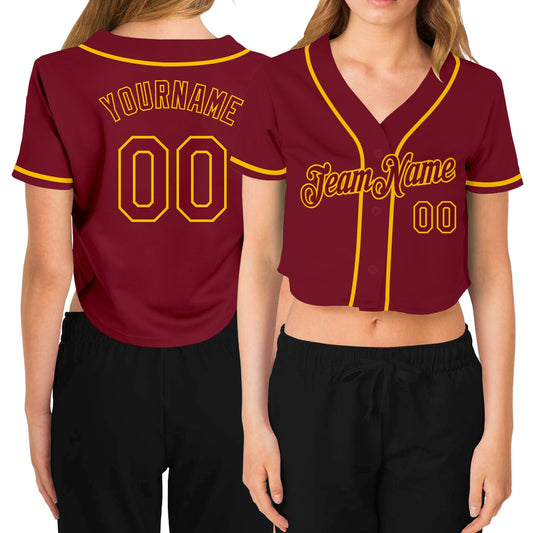 Custom Women's Crimson Crimson-Gold V-Neck Cropped Baseball Jersey - Main View