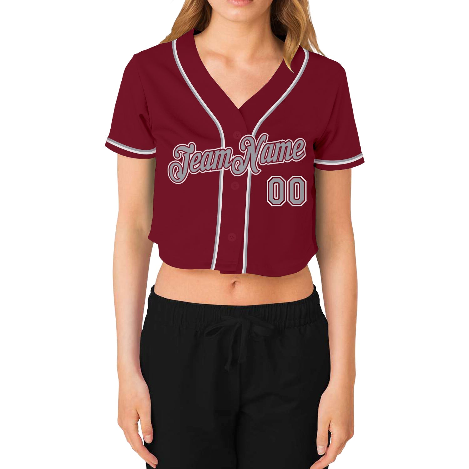 Custom Women's Crimson Gray-White V-Neck Cropped Baseball Jersey view 2