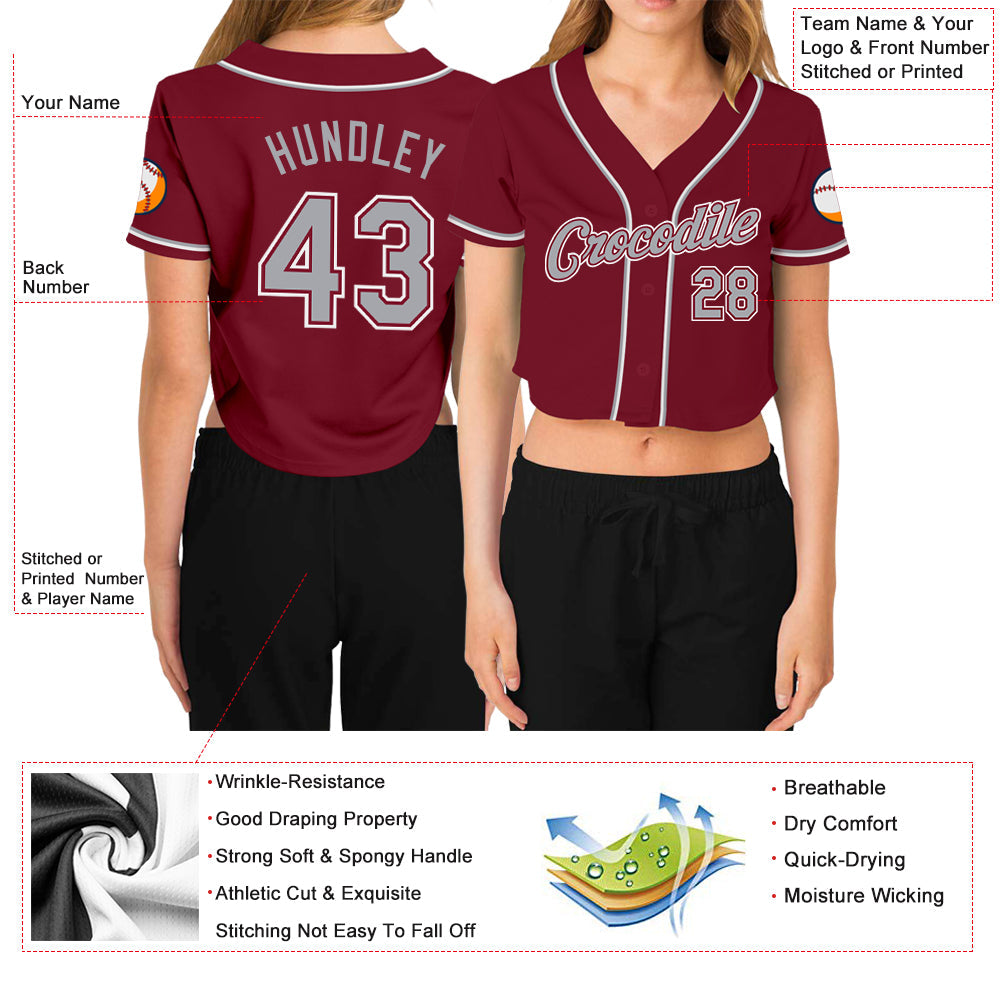 Custom Women's Crimson Gray-White V-Neck Cropped Baseball Jersey view 3