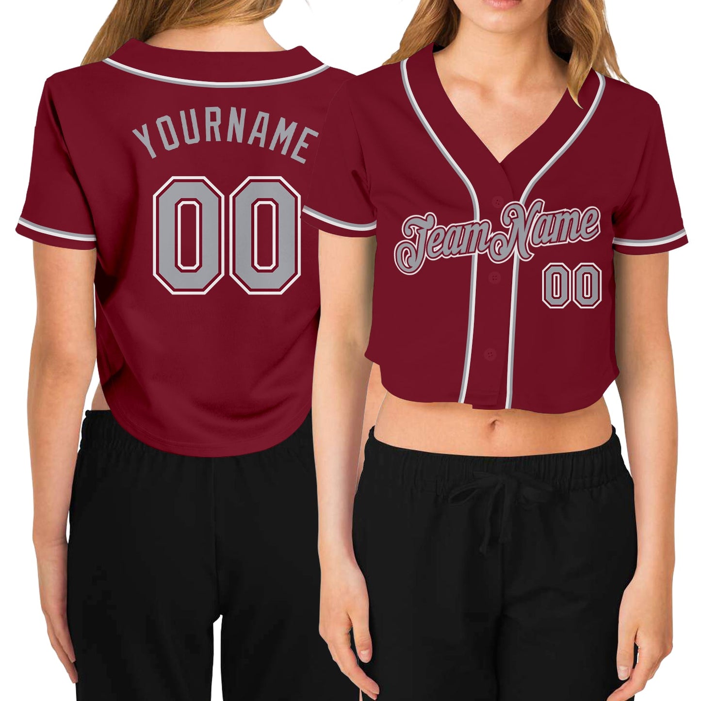 Custom Women's Crimson Gray-White V-Neck Cropped Baseball Jersey - Main View
