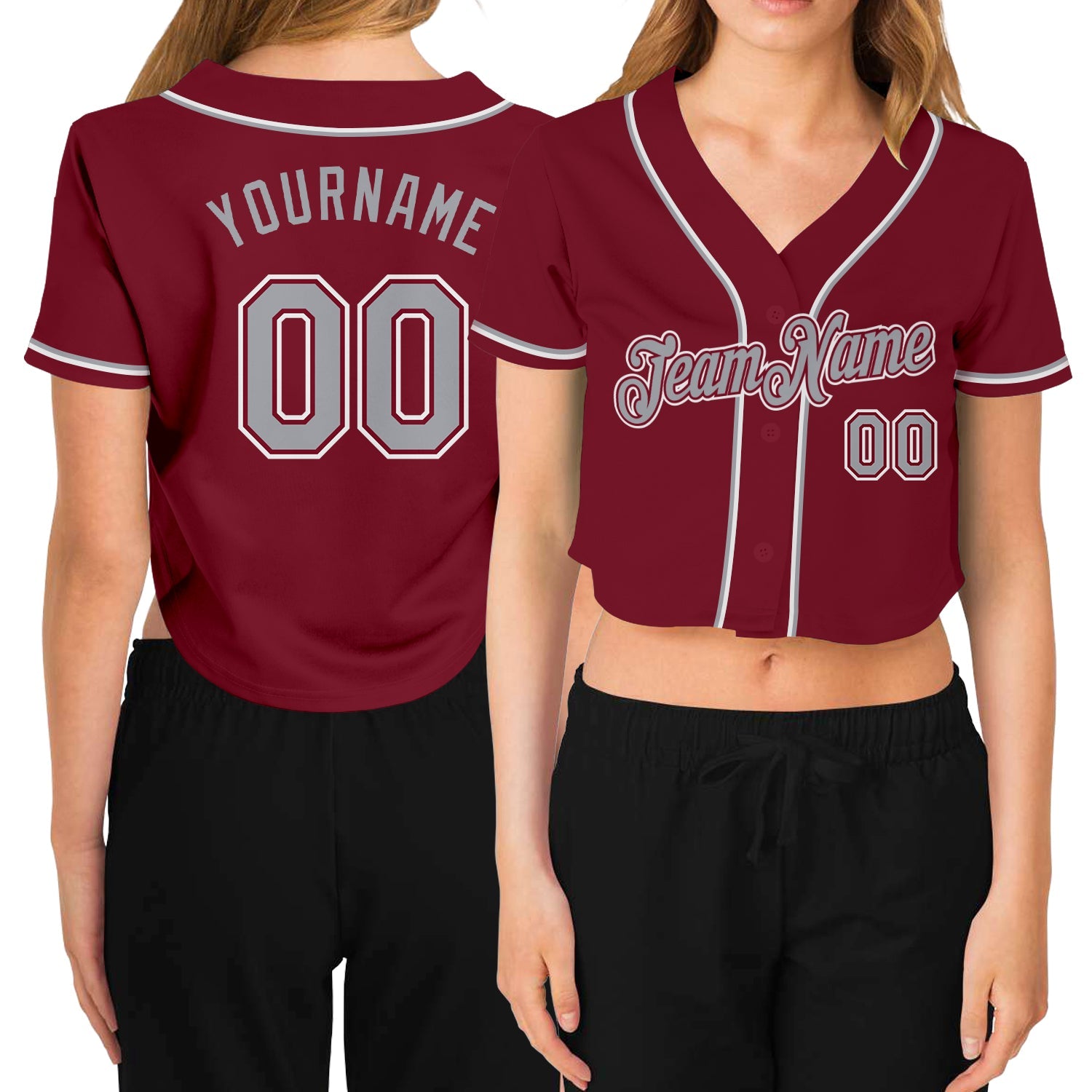 Custom Women's Crimson Gray-White V-Neck Cropped Baseball Jersey - Main View
