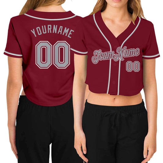 Custom Women's Crimson Gray-White V-Neck Cropped Baseball Jersey - Main View