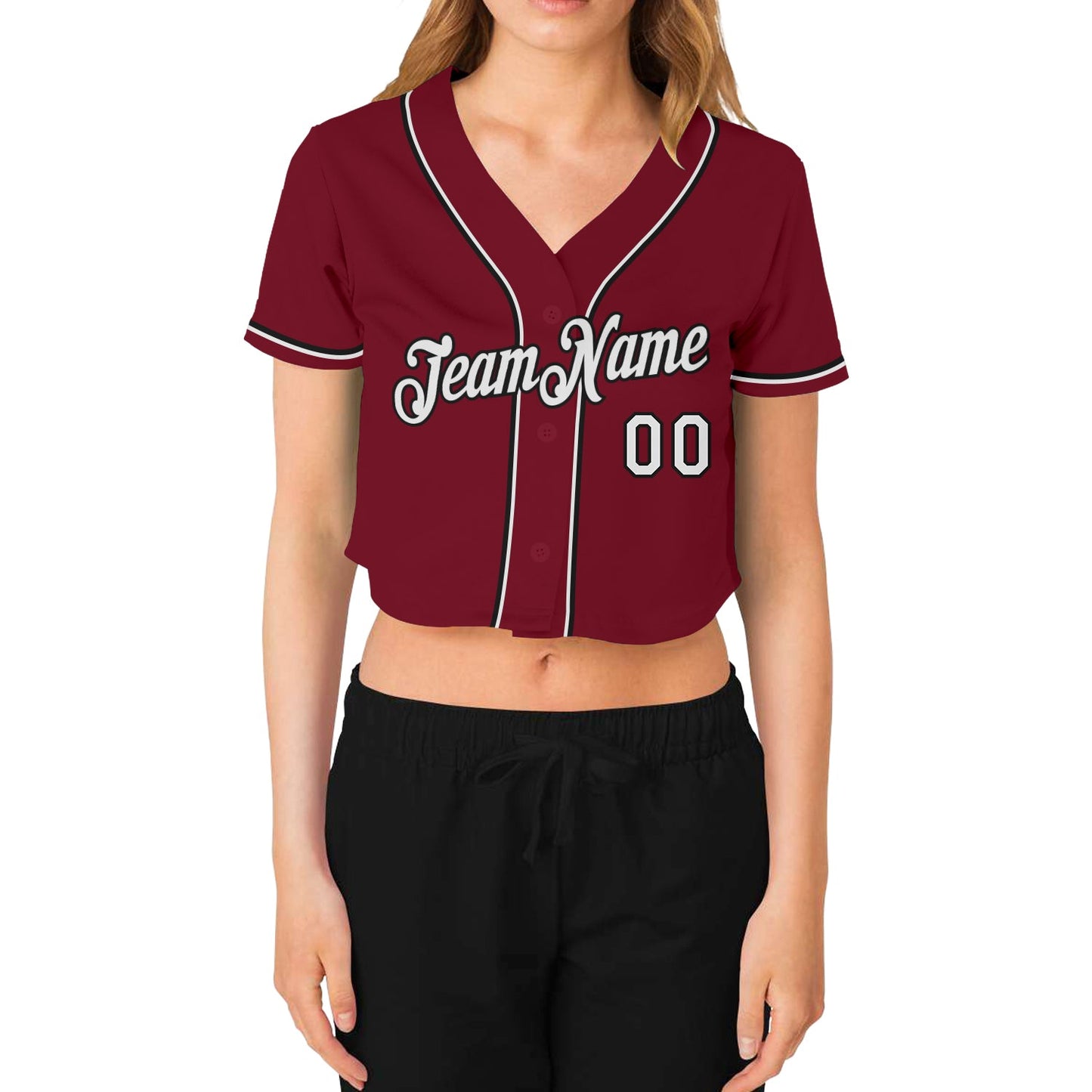 Custom Women's Crimson White-Black V-Neck Cropped Baseball Jersey view 2