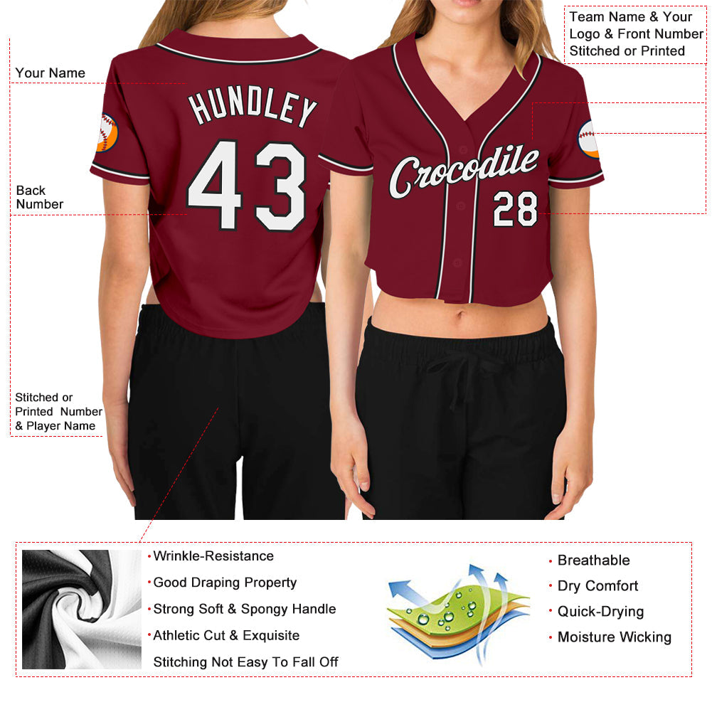 Custom Women's Crimson White-Black V-Neck Cropped Baseball Jersey view 3