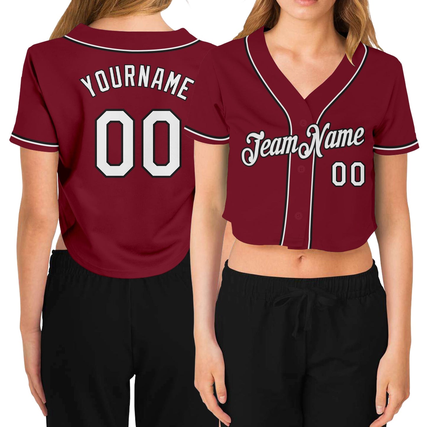 Custom Women's Crimson White-Black V-Neck Cropped Baseball Jersey - Main View