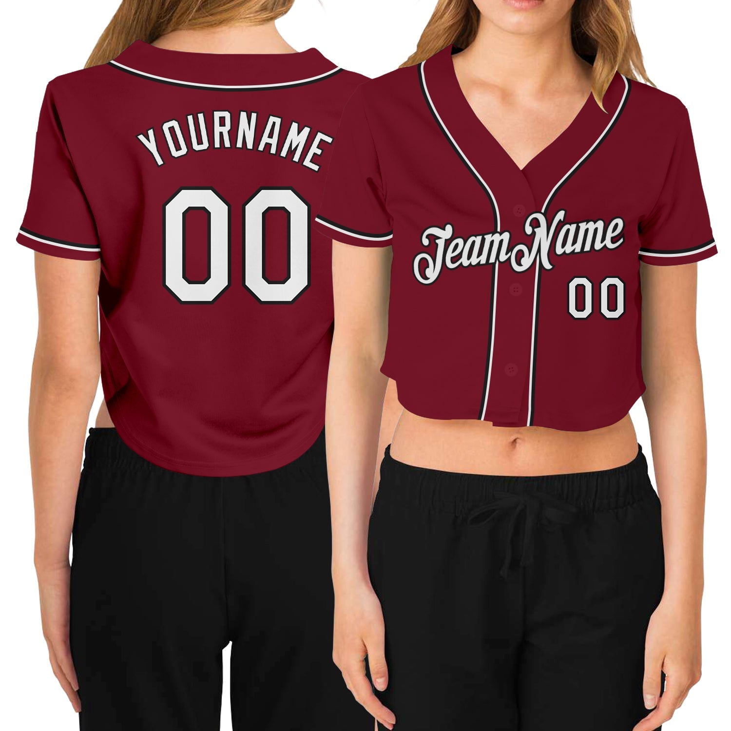 Custom Women's Crimson White-Black V-Neck Cropped Baseball Jersey - Main View