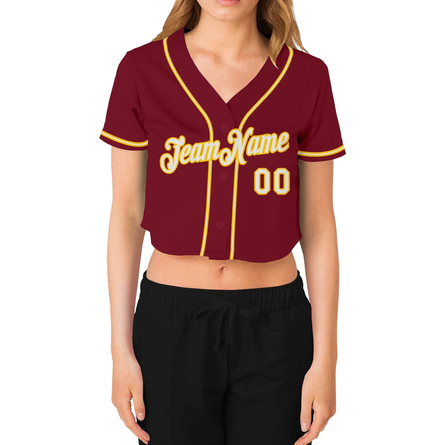 Custom Women's Crimson White-Gold V-Neck Cropped Baseball Jersey view 2