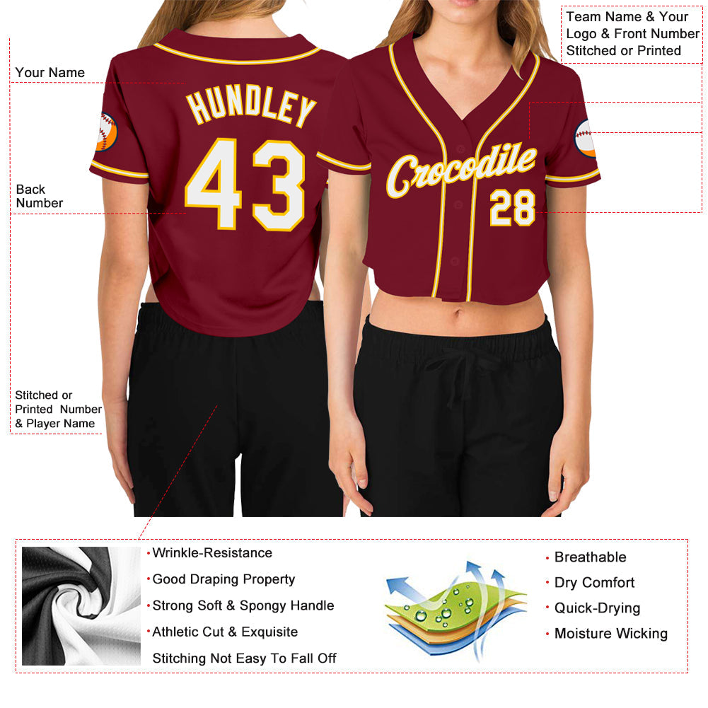 Custom Women's Crimson White-Gold V-Neck Cropped Baseball Jersey view 3