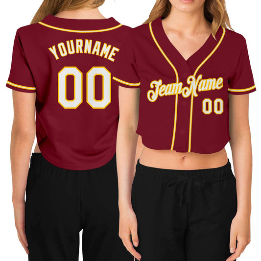 Custom Women's Crimson White-Gold V-Neck Cropped Baseball Jersey - Main View