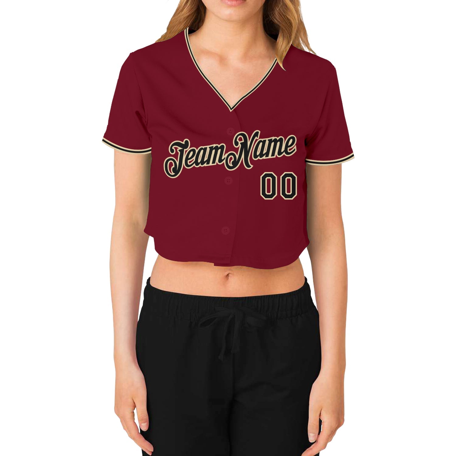Custom Women's Crimson Black-Cream V-Neck Cropped Baseball Jersey view 2