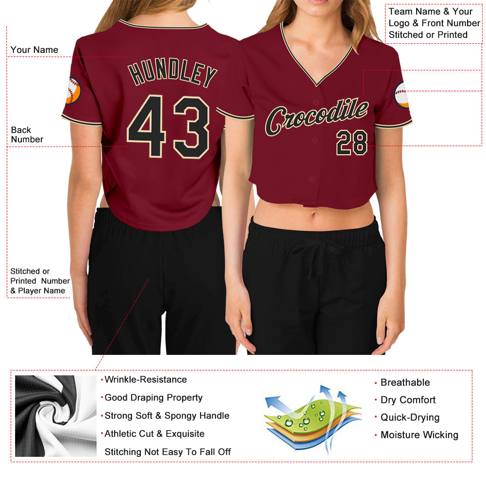 Custom Women's Crimson Black-Cream V-Neck Cropped Baseball Jersey view 3