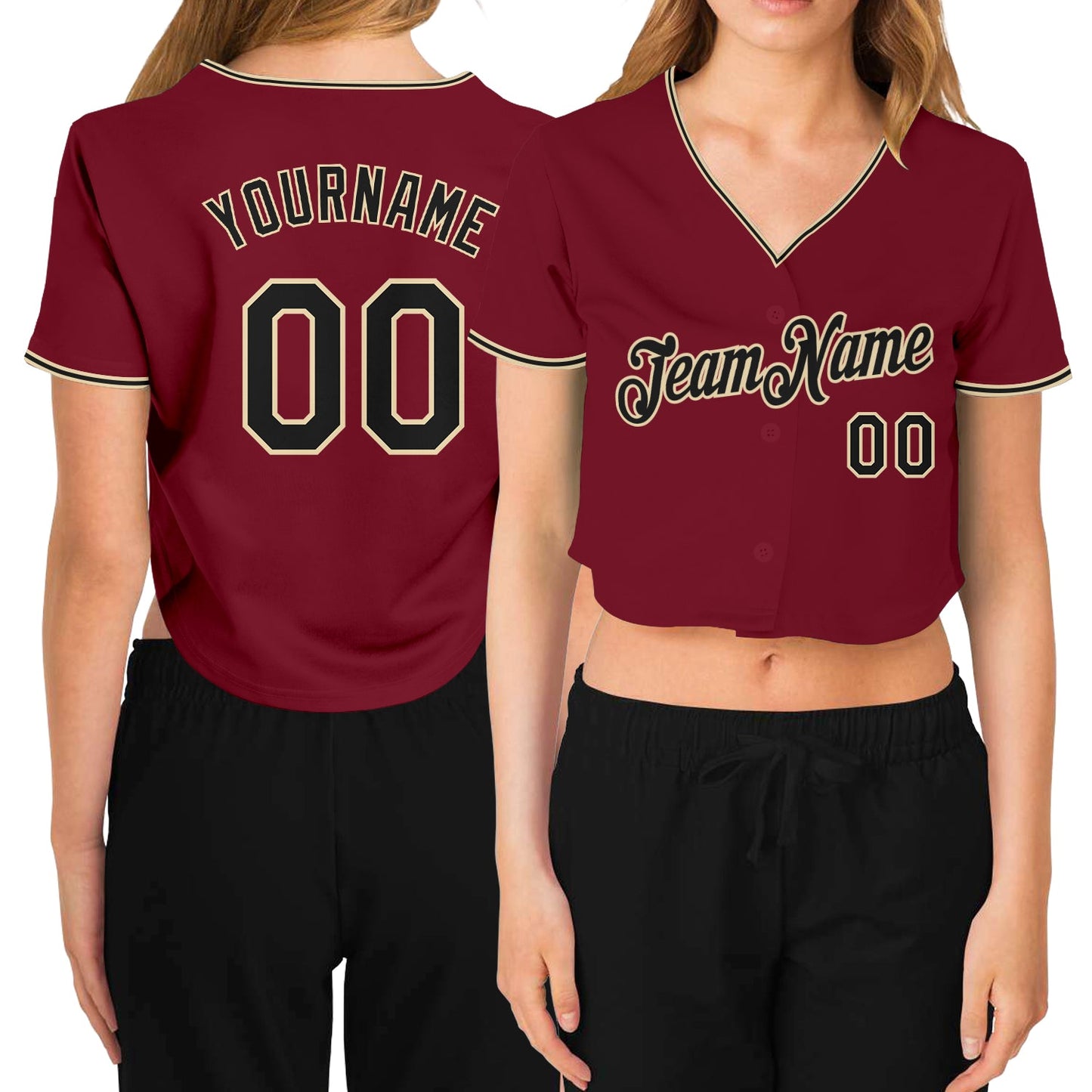 Custom Women's Crimson Black-Cream V-Neck Cropped Baseball Jersey - Main View