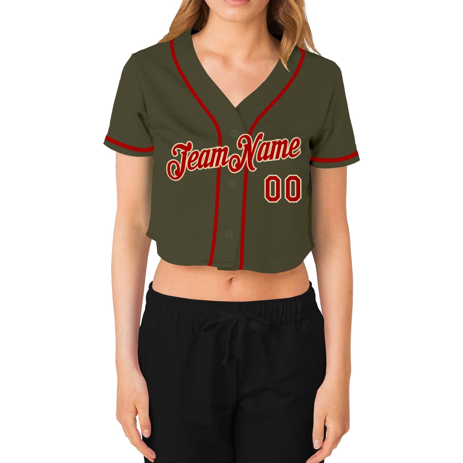Custom Women's Olive Red-Cream Salute To Service V-Neck Cropped Baseball Jersey view 2