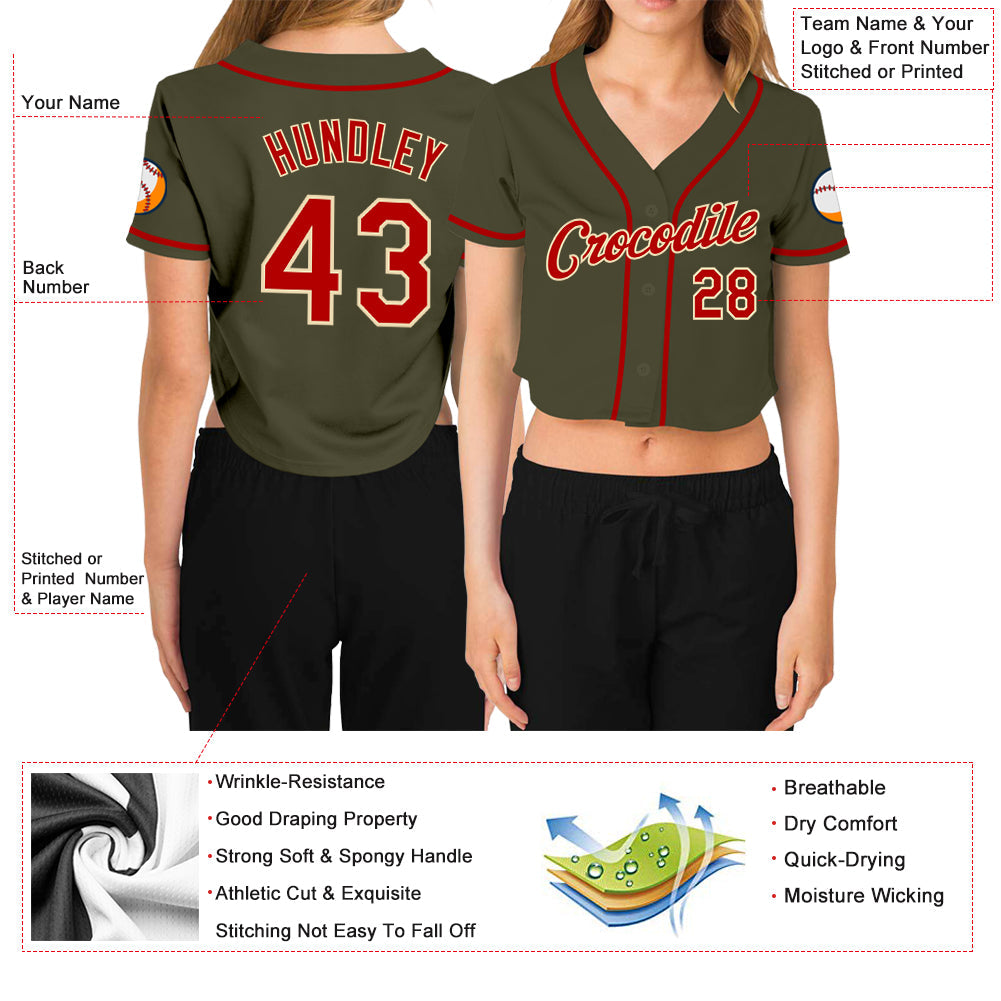 Custom Women's Olive Red-Cream Salute To Service V-Neck Cropped Baseball Jersey view 3