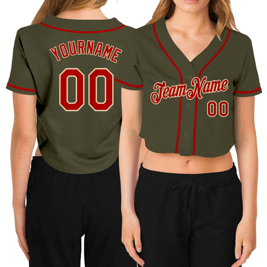 Custom Women's Olive Red-Cream Salute To Service V-Neck Cropped Baseball Jersey - Main View