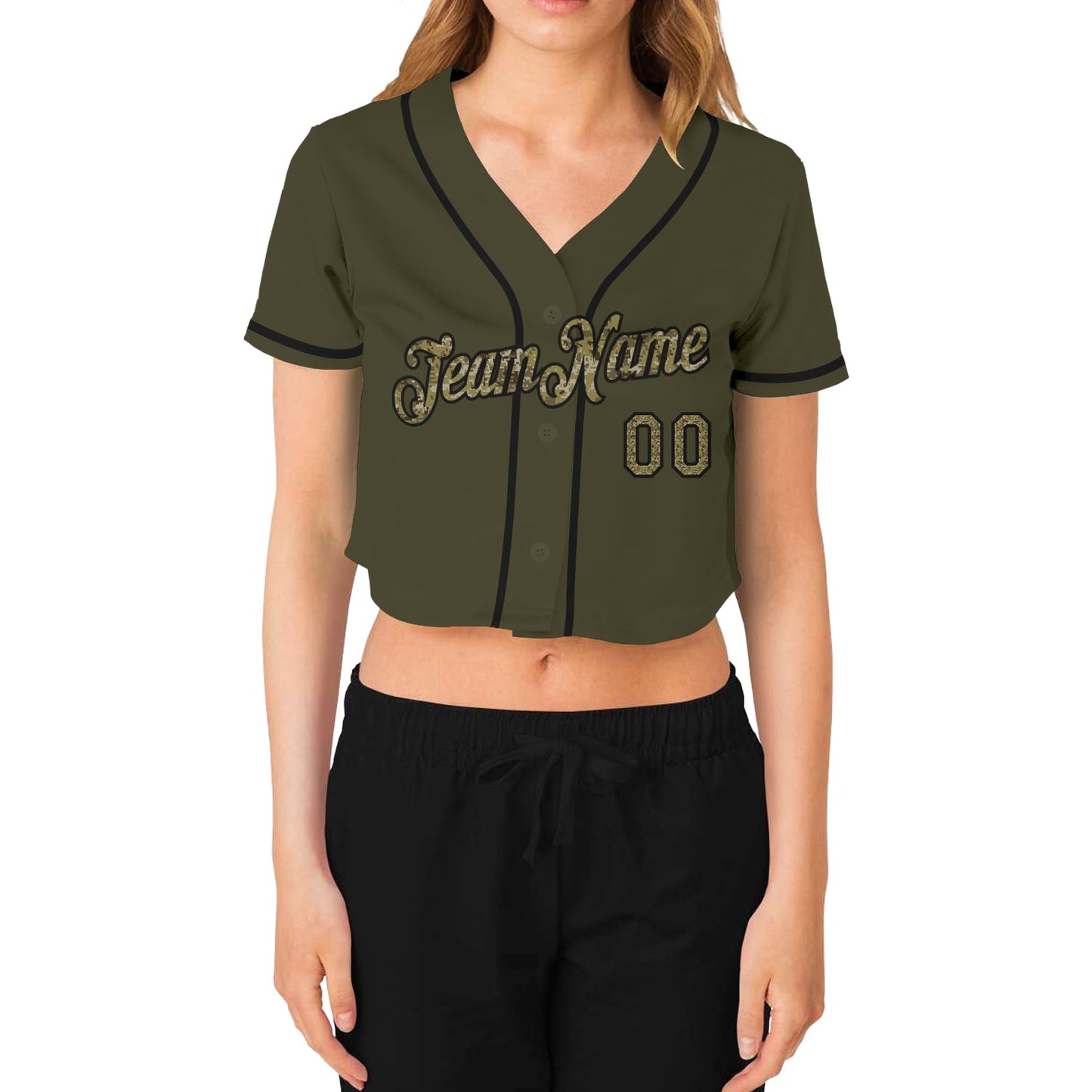 Custom Women's Olive Camo-Black Salute To Service V-Neck Cropped Baseball Jersey view 2
