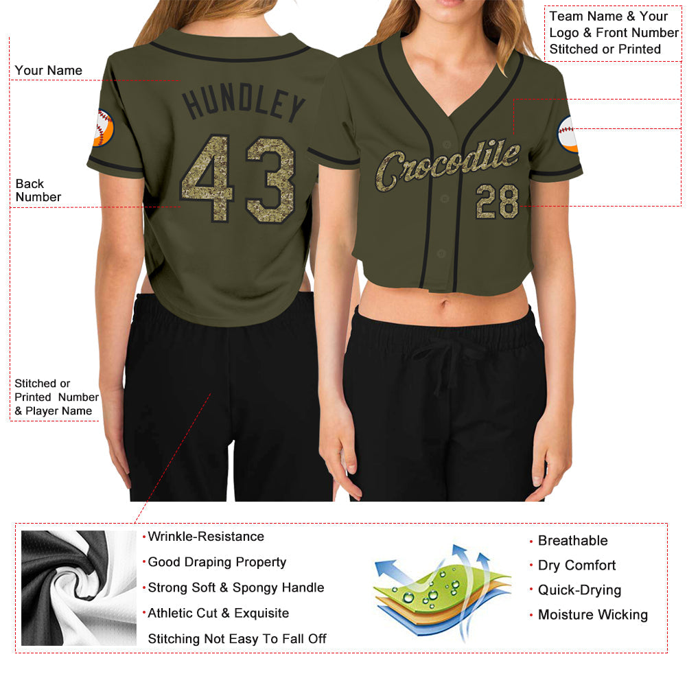 Custom Women's Olive Camo-Black Salute To Service V-Neck Cropped Baseball Jersey view 3