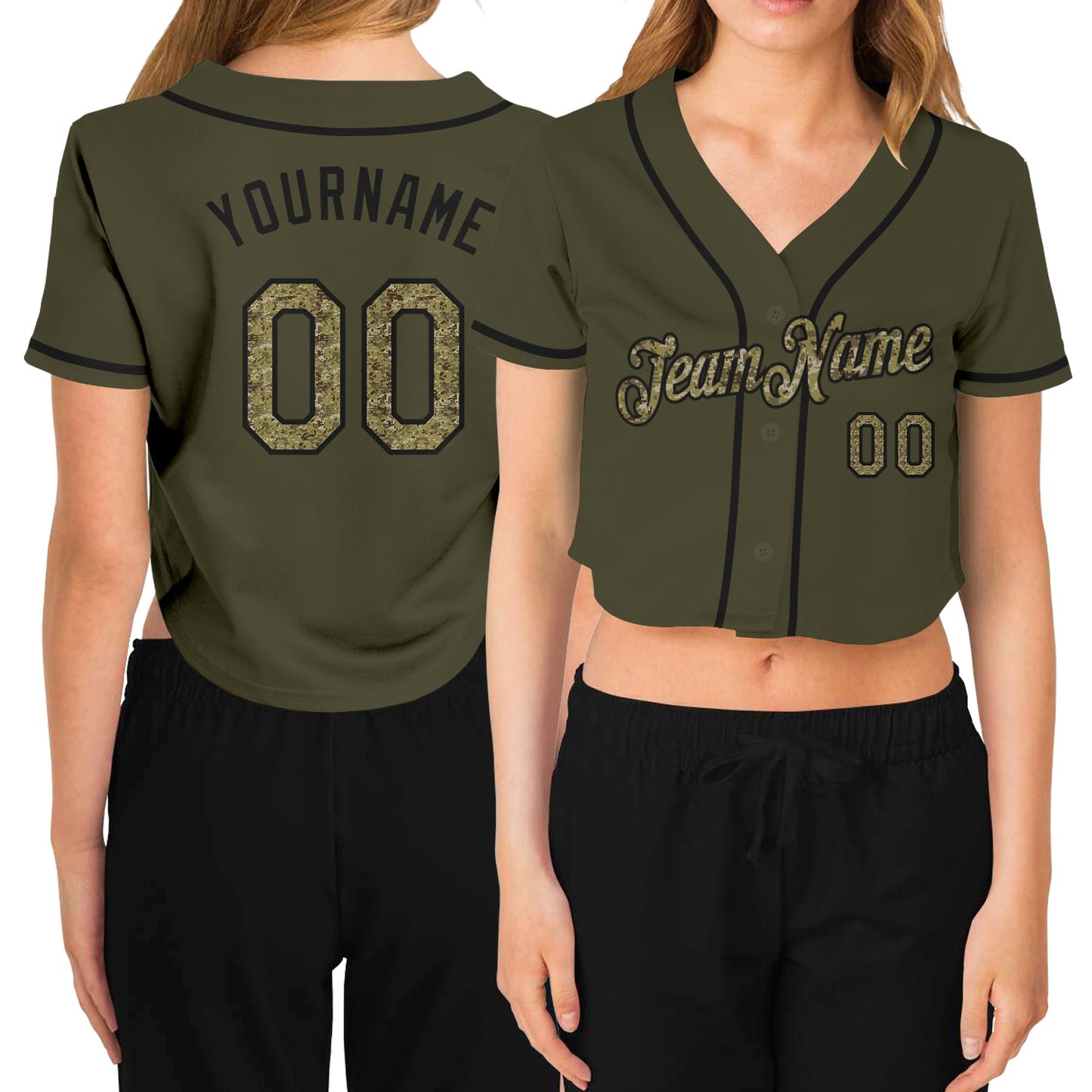 Custom Women's Olive Camo-Black Salute To Service V-Neck Cropped Baseball Jersey - Main View