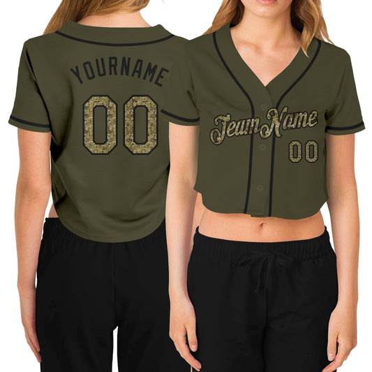 Custom Women's Olive Camo-Black Salute To Service V-Neck Cropped Baseball Jersey - Main View