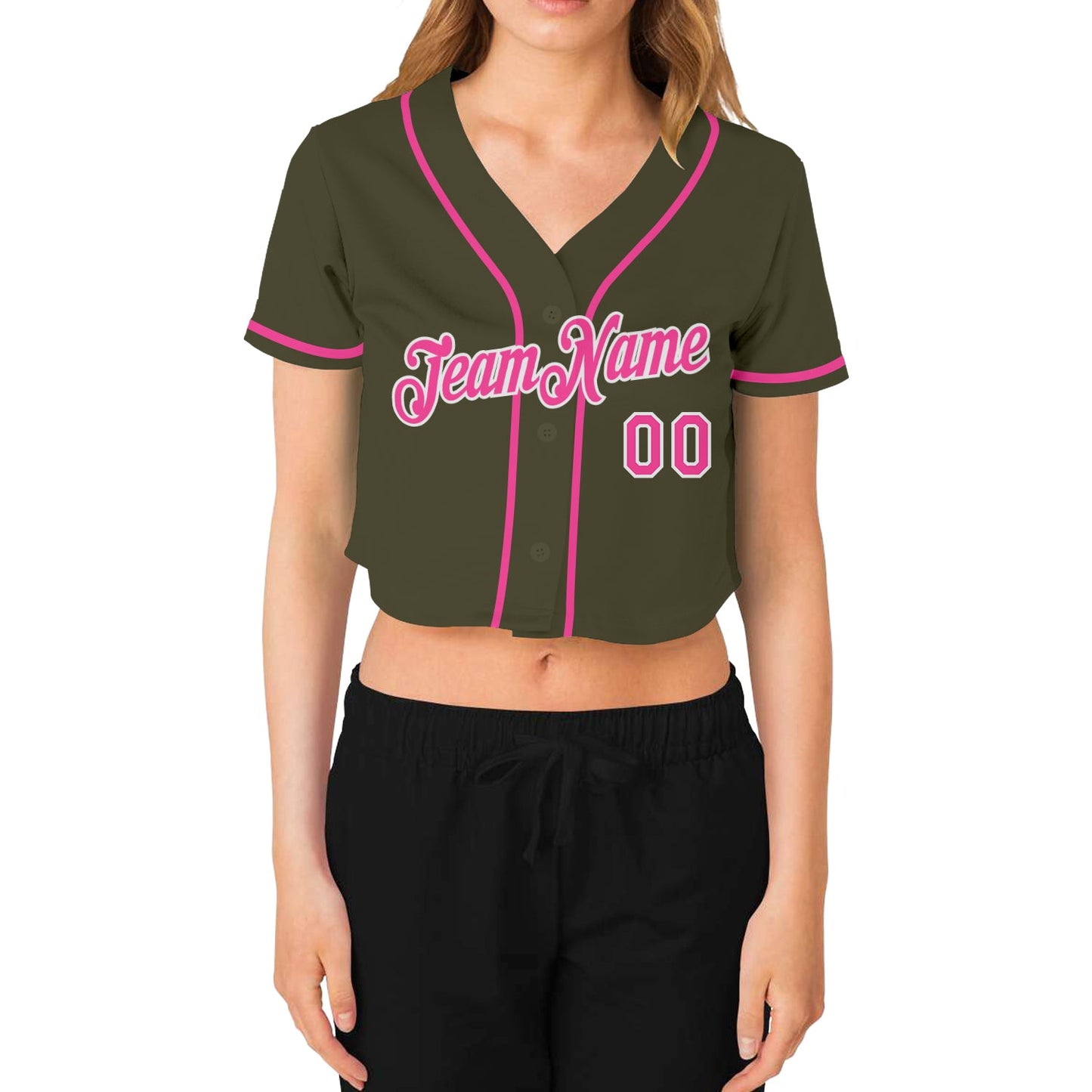 Custom Women's Olive Pink-White Salute To Service V-Neck Cropped Baseball Jersey view 2