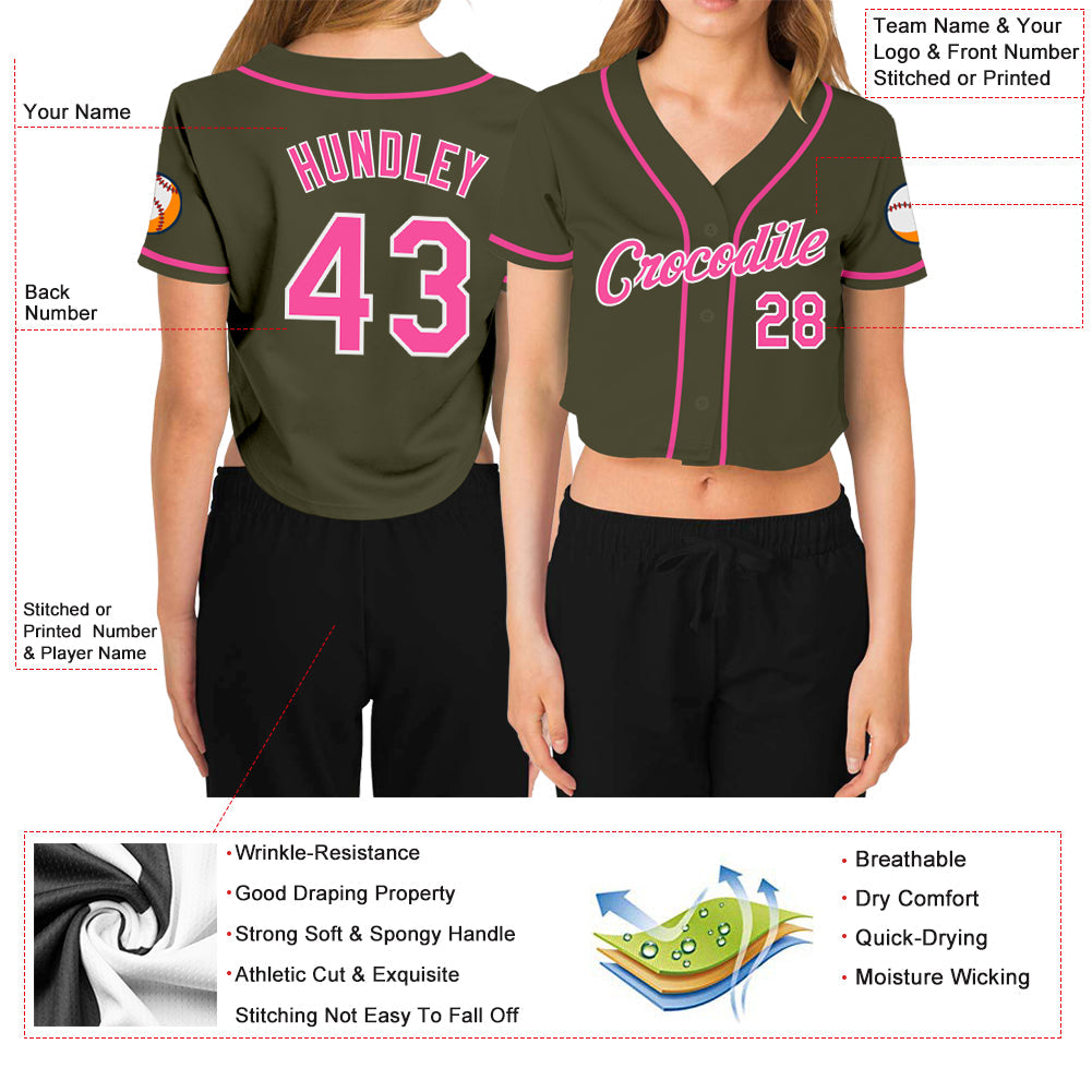 Custom Women's Olive Pink-White Salute To Service V-Neck Cropped Baseball Jersey view 3
