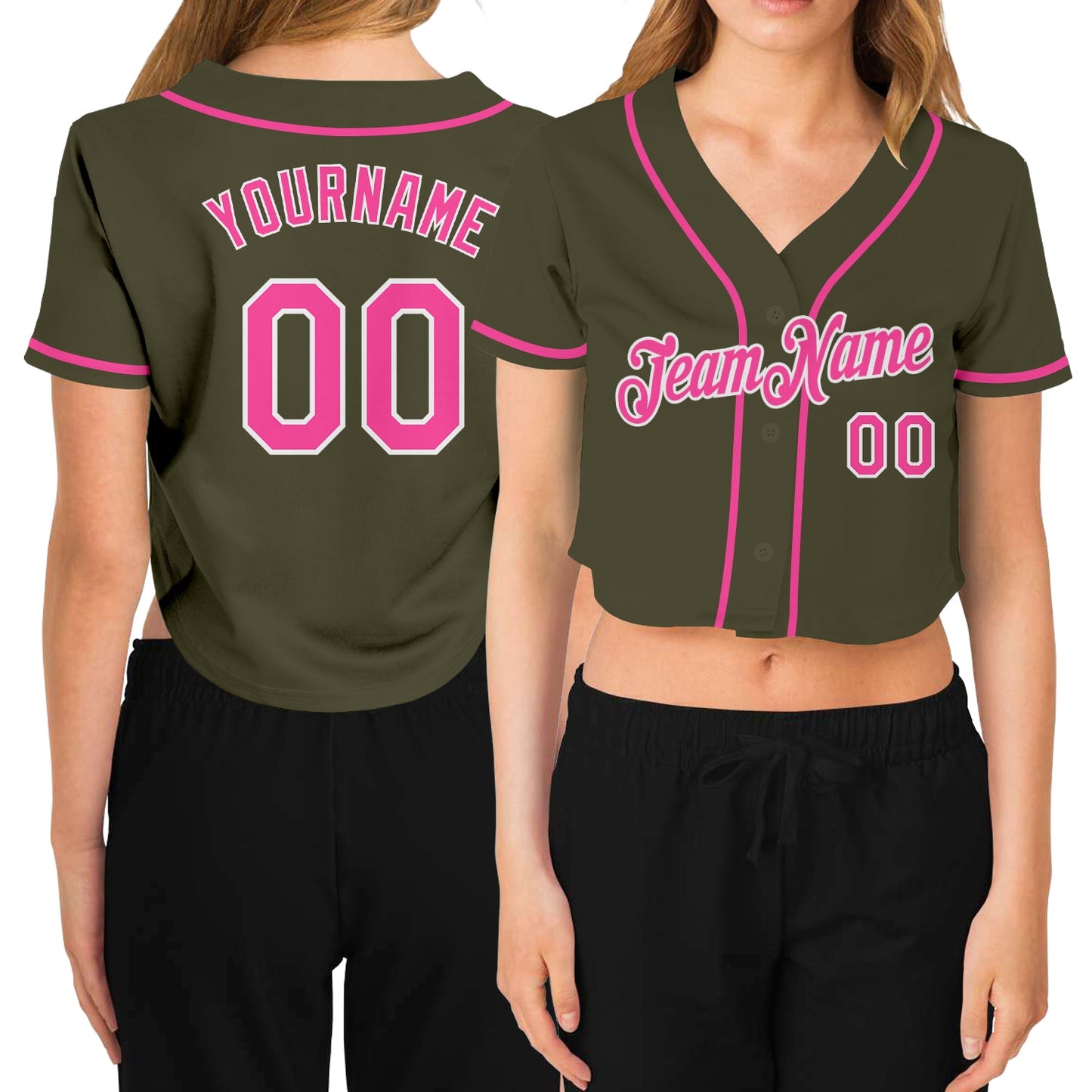 Custom Women's Olive Pink-White Salute To Service V-Neck Cropped Baseball Jersey - Main View
