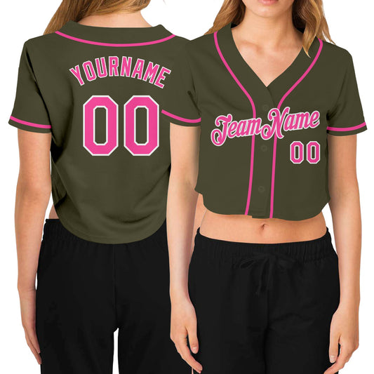 Custom Women's Olive Pink-White Salute To Service V-Neck Cropped Baseball Jersey - Main View
