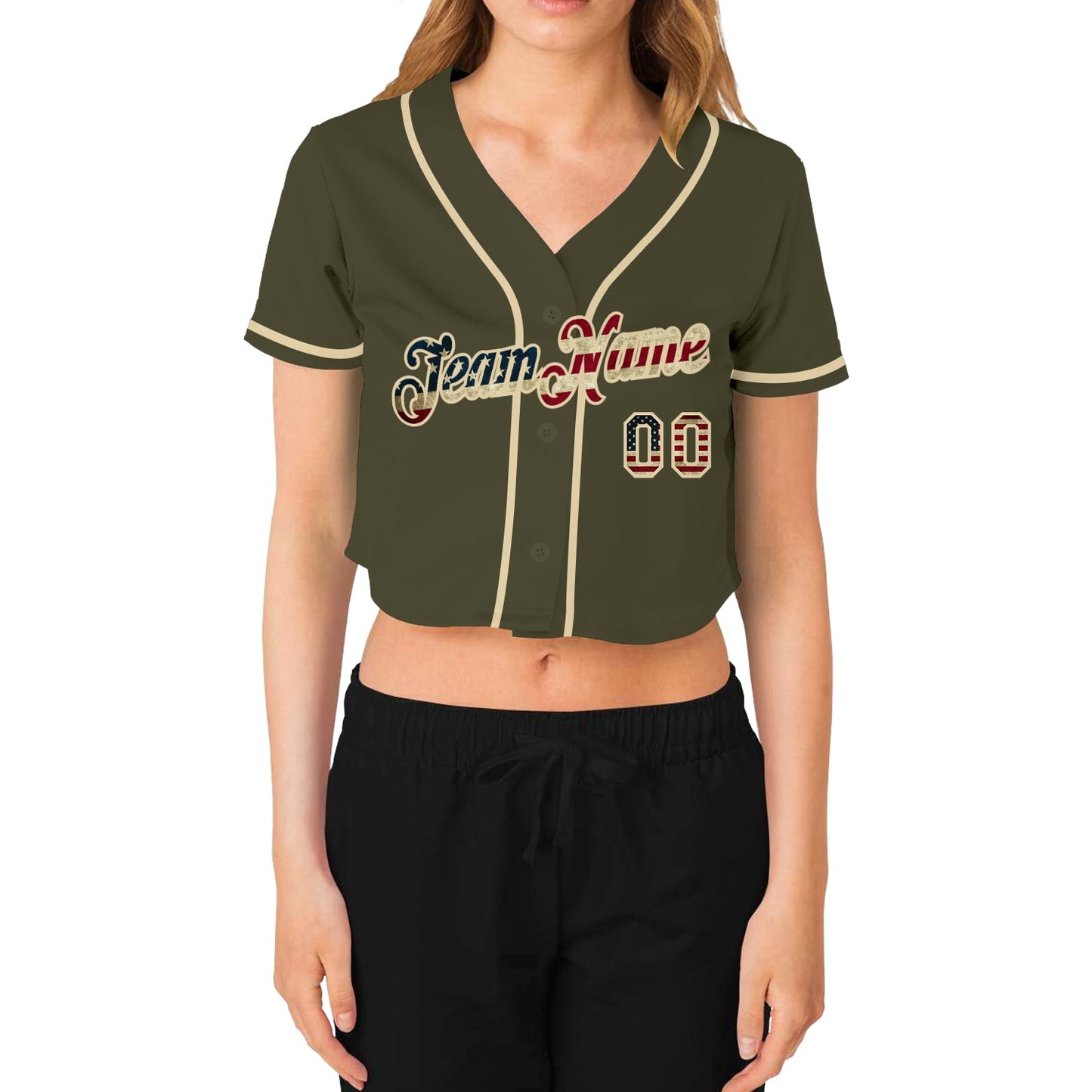 Custom Women's Olive Vintage USA Flag-Cream Salute To Service V-Neck Cropped Baseball Jersey view 2