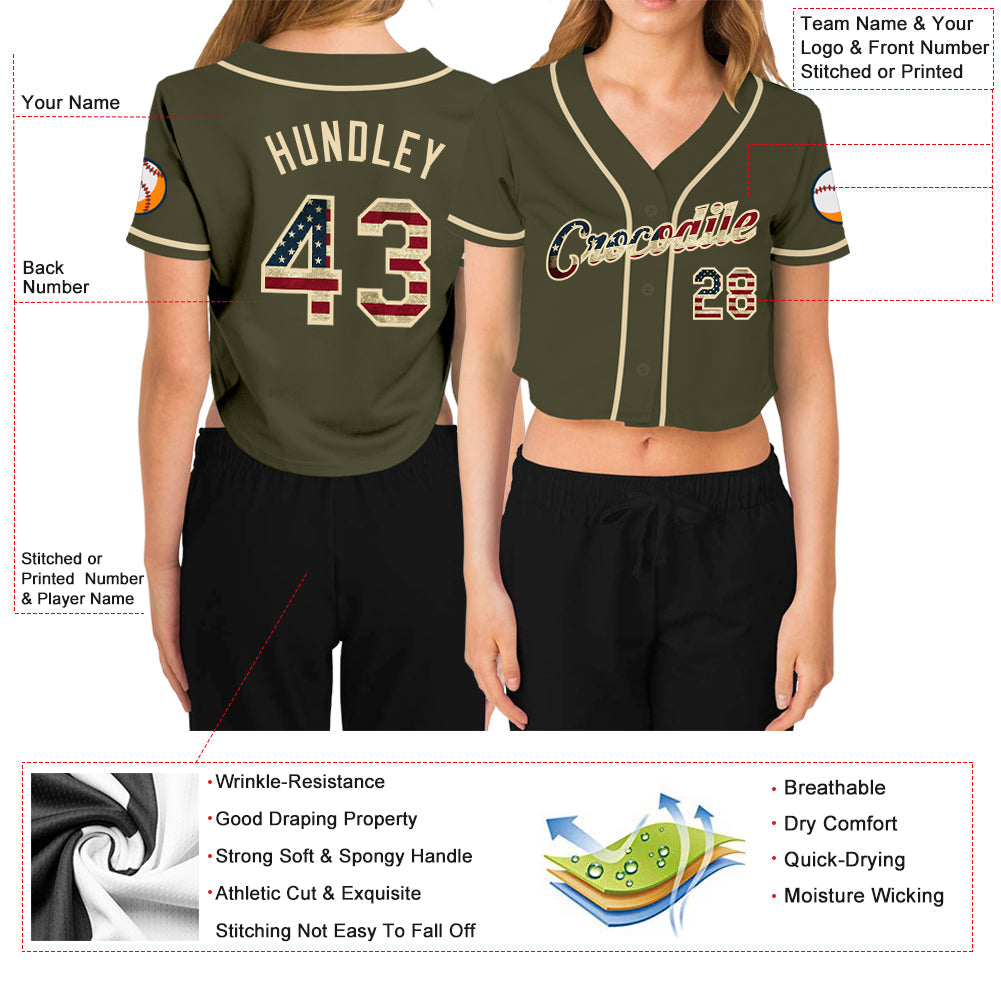 Custom Women's Olive Vintage USA Flag-Cream Salute To Service V-Neck Cropped Baseball Jersey view 3