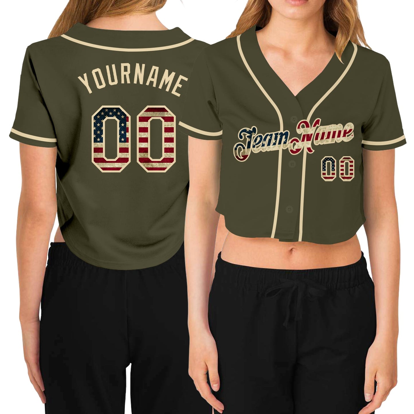 Custom Women's Olive Vintage USA Flag-Cream Salute To Service V-Neck Cropped Baseball Jersey - Main View