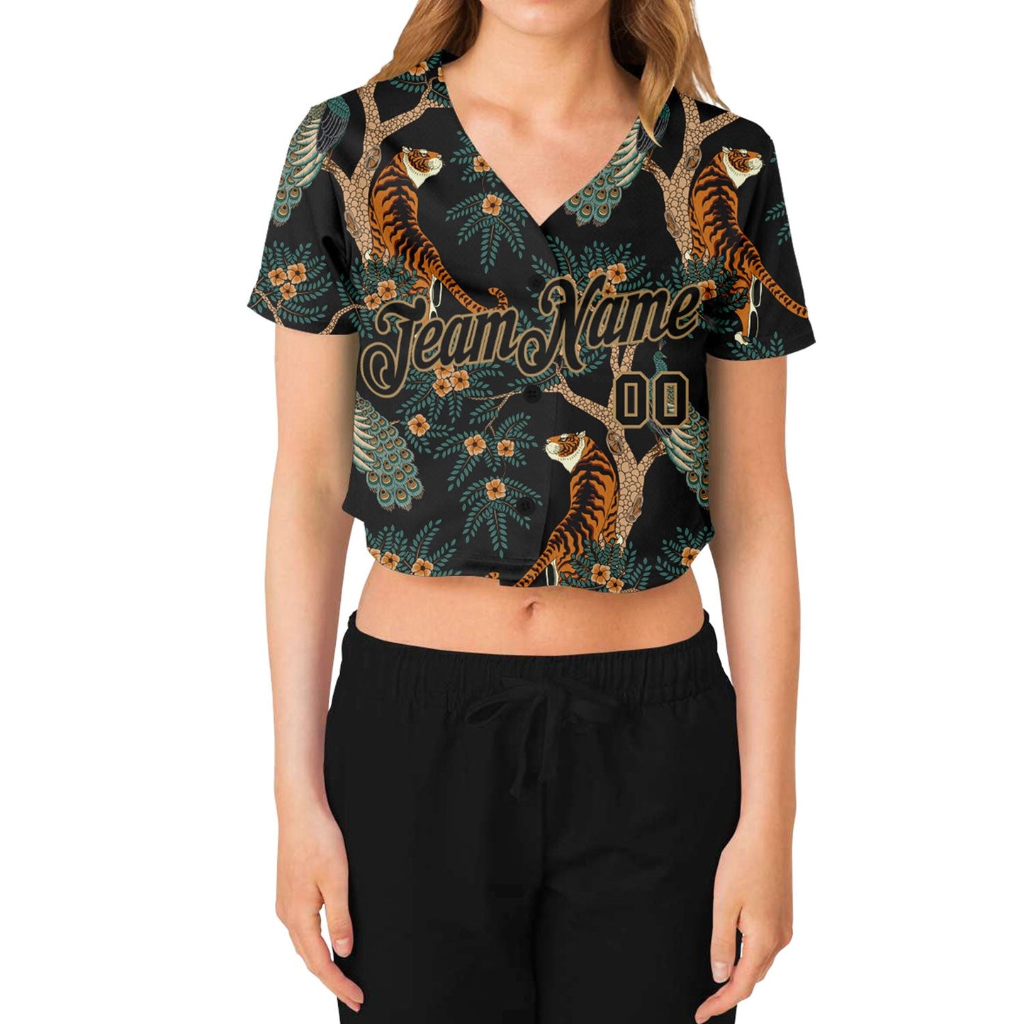 Custom Women's Black Black-Old Gold Tiger And Peacock 3D V-Neck Cropped Baseball Jersey view 2