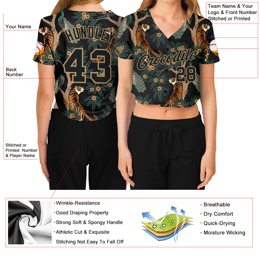 Custom Women's Black Black-Old Gold Tiger And Peacock 3D V-Neck Cropped Baseball Jersey view 3