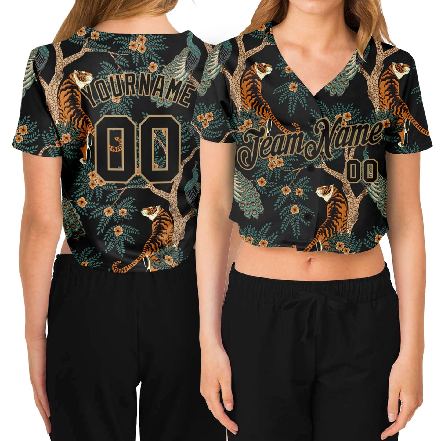 Custom Women's Black Black-Old Gold Tiger And Peacock 3D V-Neck Cropped Baseball Jersey - Main View