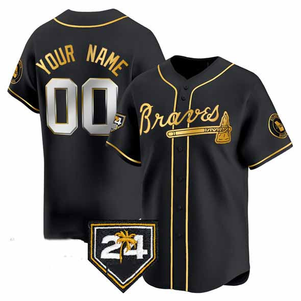 Custom Atlanta Braves Black Gold 2024 Spring Training Patch Limited Stitched Baseball Jersey - Main View