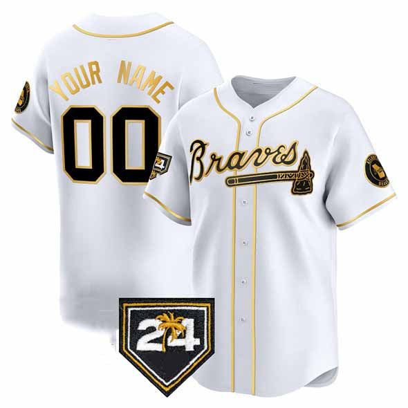Custom Atlanta Braves White Gold 2024 Spring Training Patch Limited Stitched Baseball Jersey - Main View