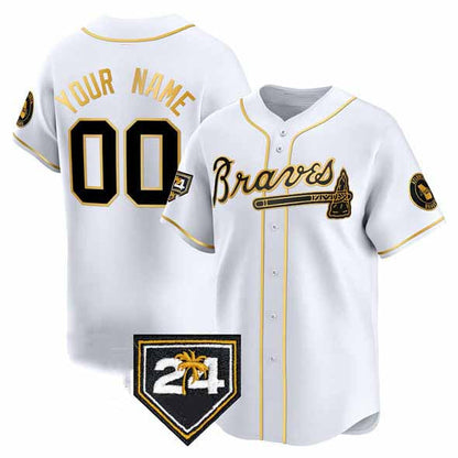 Custom Atlanta Braves White Gold 2024 Spring Training Patch Limited Stitched Baseball Jersey - Main View