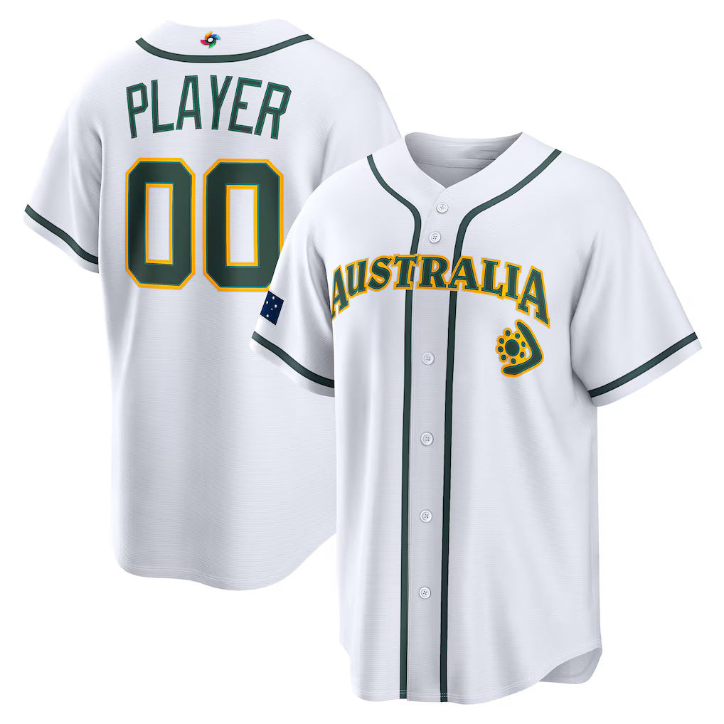 Custom Australia Baseball 2026 World Baseball Classic Home Pick-A-Player Jersey - White Baseball Jersey Tailgate Goods - Main View