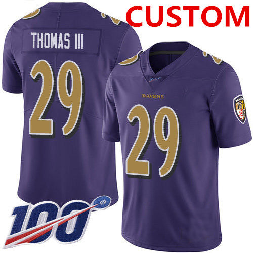 Custom B.Ravens Purple Men's Stitched Limited Rush 100th Season Jersey Stitched American Football Jerseys - Main View